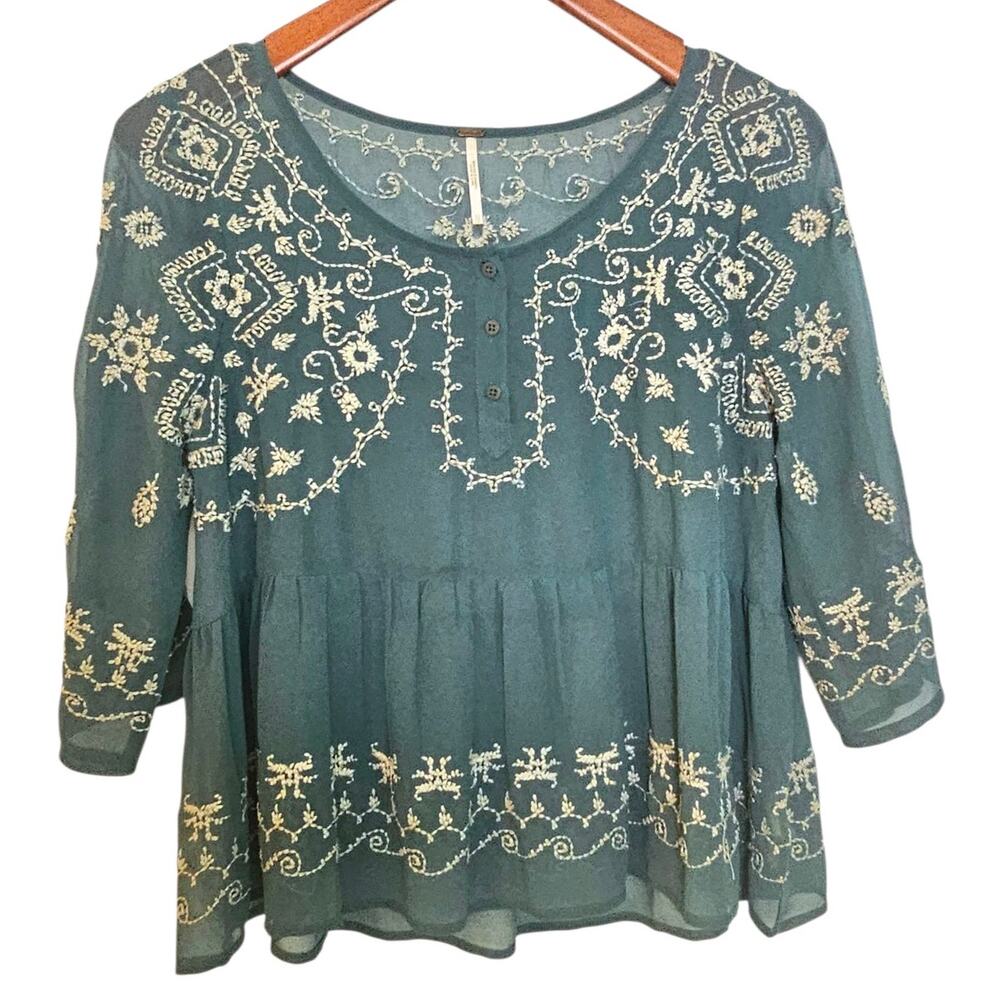 Free People Meadow Green Combo Embroidered Sheer Boho Blouse - Picture 2 of 6